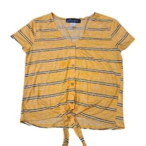 EUC- Flawless Juniors Yellow Black White Faux Button Tie Front Top Shirt Size 1X